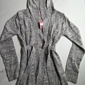 Pink Angel Girls Gray Knit Hooded Cardigan Belted Long Sleeve Sweater